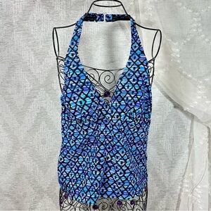 Speedo blue and purple diamond print halter tankini size 14